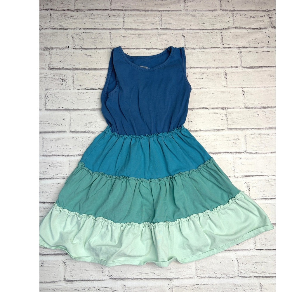 Garnet Hill Kids Green Cotton Tiered Knit Dress Blue Ombre Sleeveless Size M